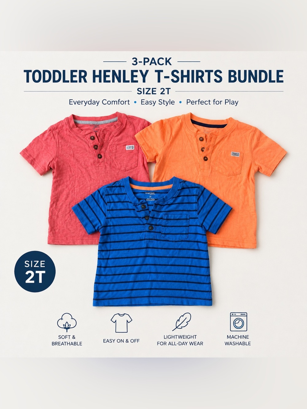 Simple Joys Boys 3-Pack Henley Shirts Size 2T Short Sleeve Colorful Bundle